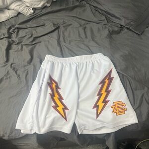 Eric Emanuel White and Yellow Athletic Shorts Lightning Bolt Design